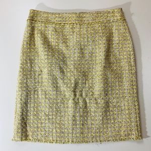 NWT Ann Taylor Yellow Gold Tweed Fringe Raw Hem Chanel Style Skirt Tan Brown